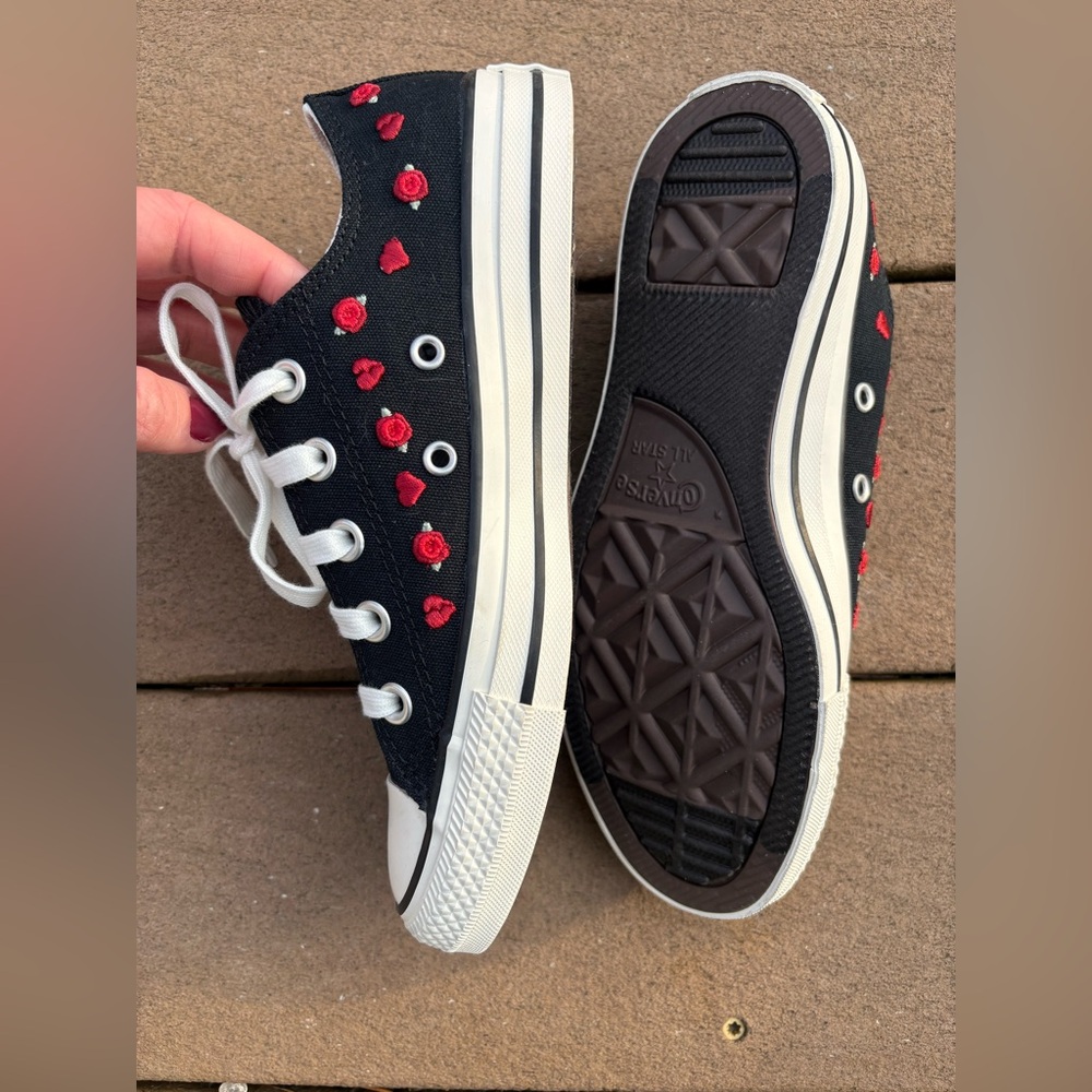 NWOT Converse Black Sneakers with Red Heart Accents